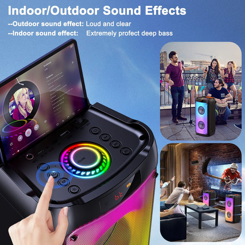 Bluetooth Speaker, Portable Party Speaker with 2 Microphones, DJ Lights for Outdoor and Home