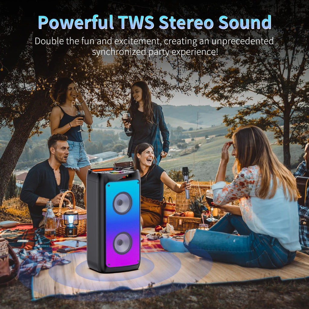 Bluetooth Speaker, Portable Party Speaker with 2 Microphones, DJ Lights for Outdoor and Home