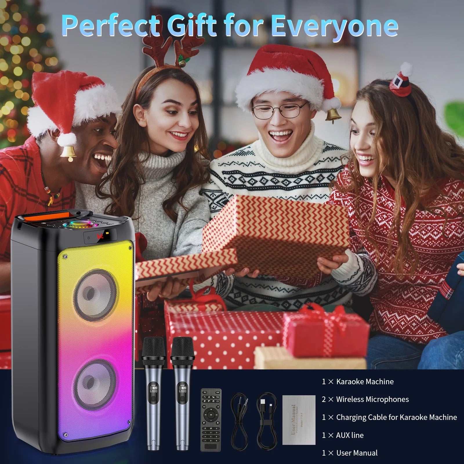 Bluetooth Speaker, Portable Party Speaker with 2 Microphones, DJ Lights for Outdoor and Home