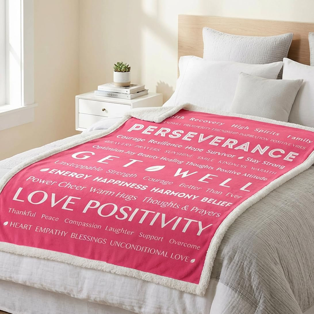 Healing Blanket, Get Well Soon Gift, Soft Hug Compassion Sherpa Throw Blanket for Women Men, Comfort Caring Inspirational Patient Blanket, Positive Thoughts Prayer Throw, Pink