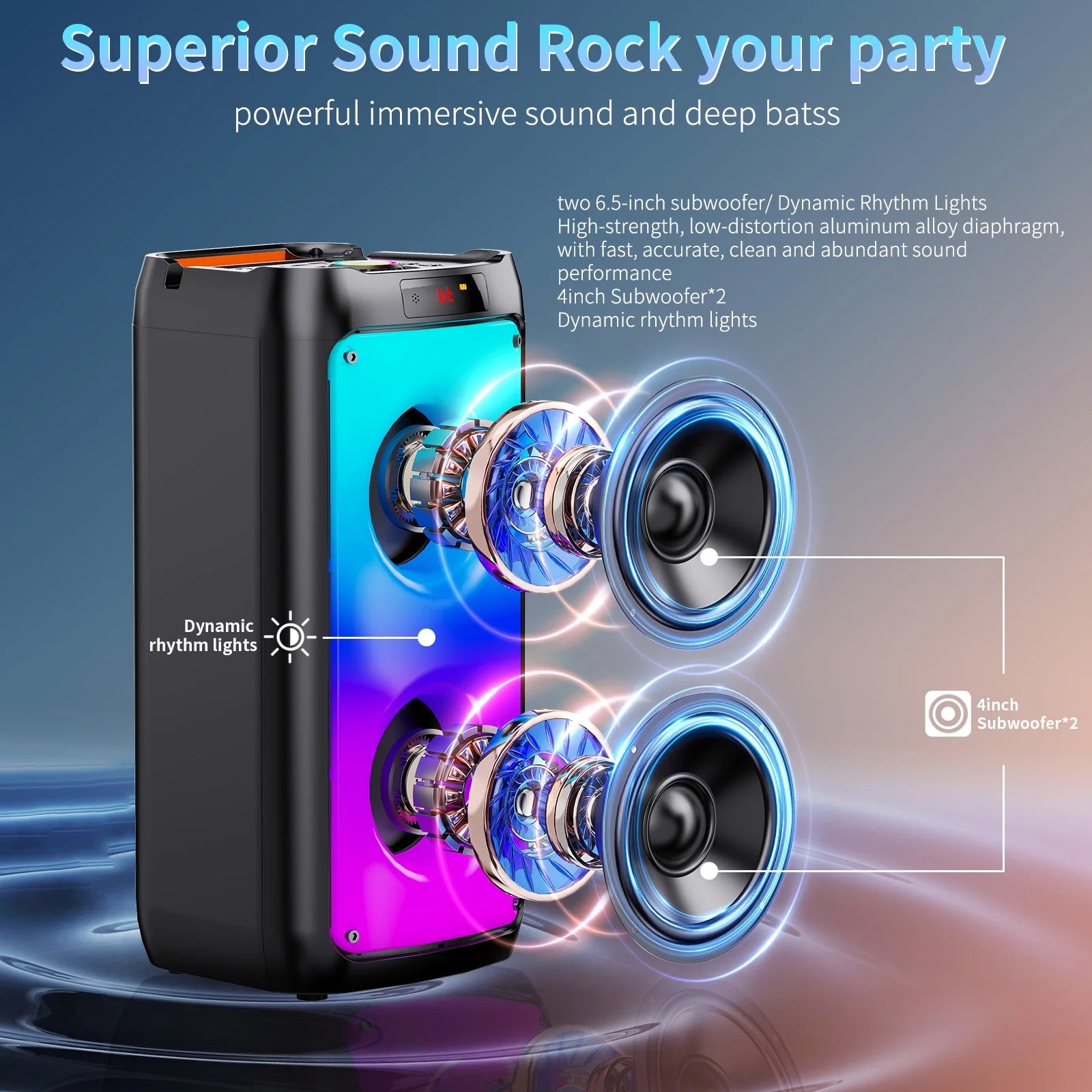 Bluetooth Speaker, Portable Party Speaker with 2 Microphones, DJ Lights for Outdoor and Home