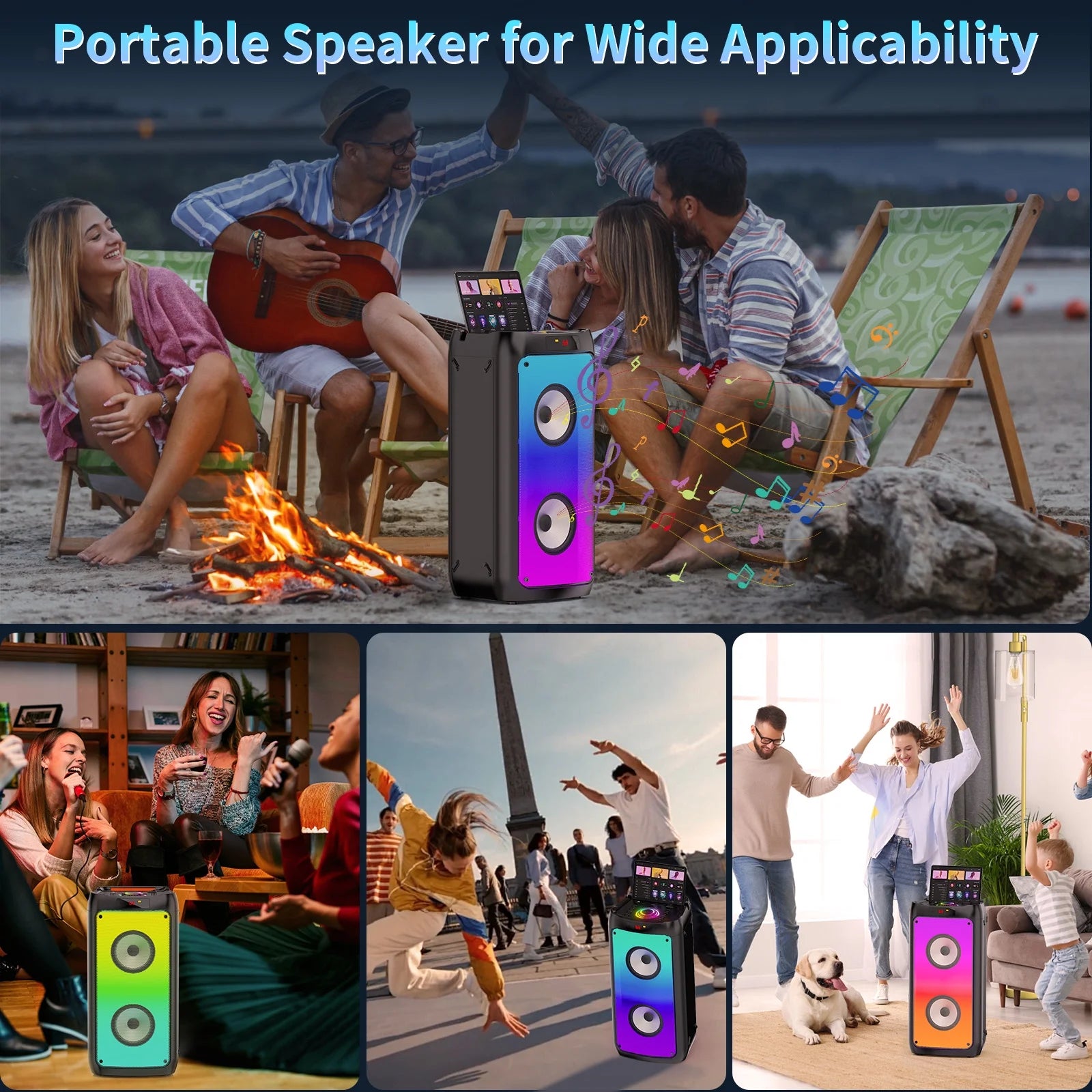 Bluetooth Speaker, Portable Party Speaker with 2 Microphones, DJ Lights for Outdoor and Home