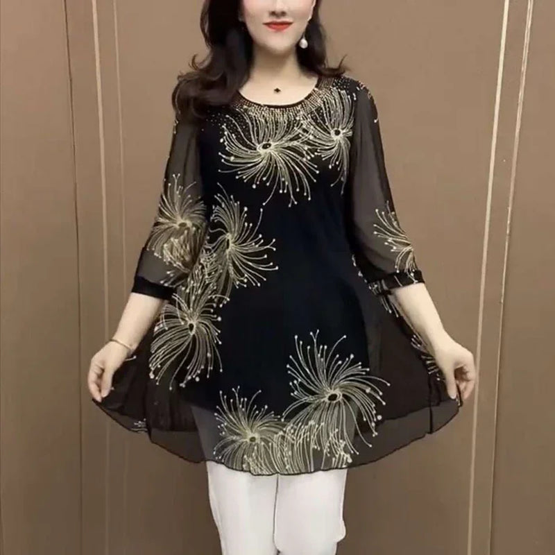 Skirmante - Bedruckte Lappen Oberteile Mit Rundhalsausschnitt