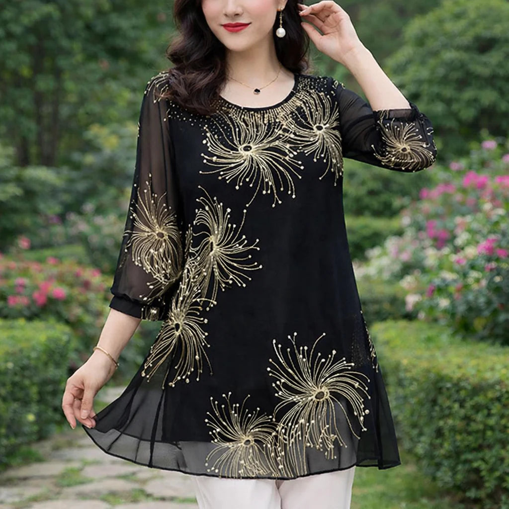 Skirmante - Bedruckte Lappen Oberteile Mit Rundhalsausschnitt