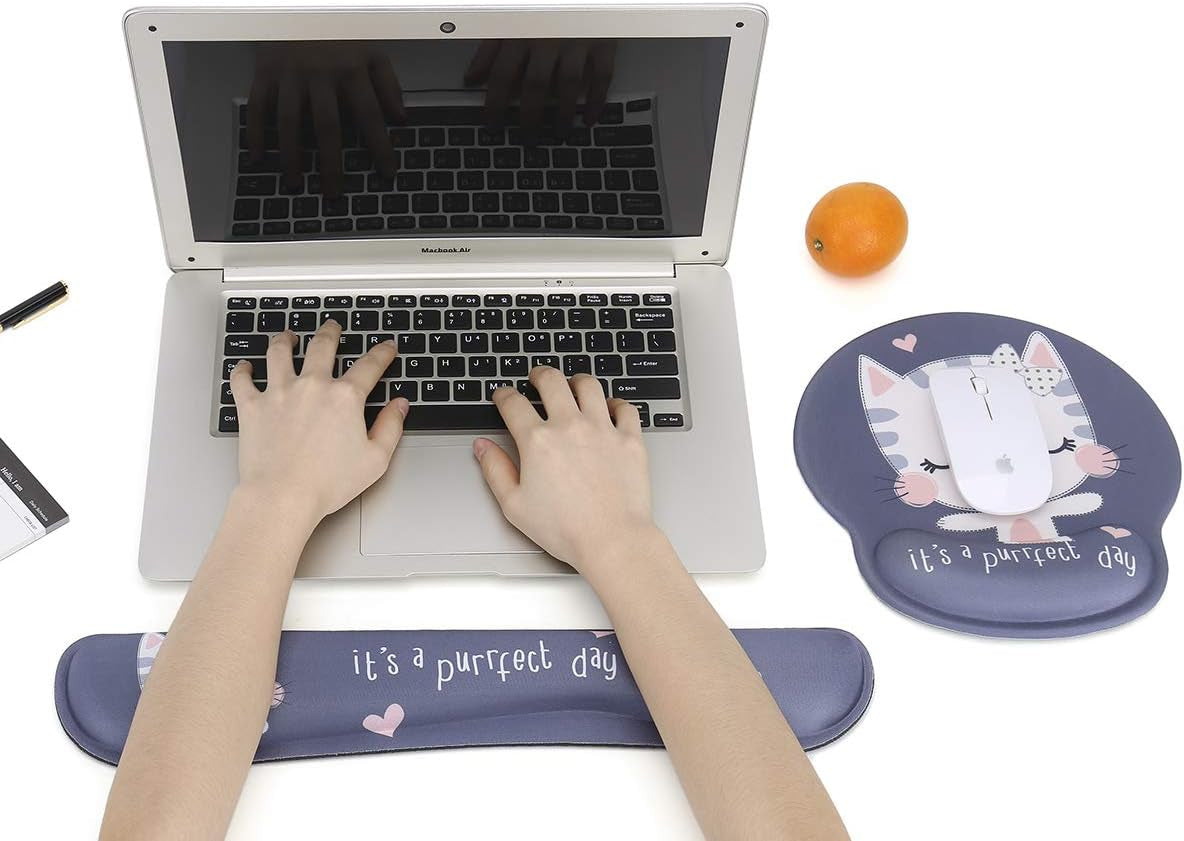 Keyboard Wrist Rest and Mouse Pad with Wrist Support, Memory Foam Set for Computer/Laptop/Mac,Gaming and Office, Sturdy & Comfortable & Lightweight for Easy Typing & Pain Relief (Cute Cat)
