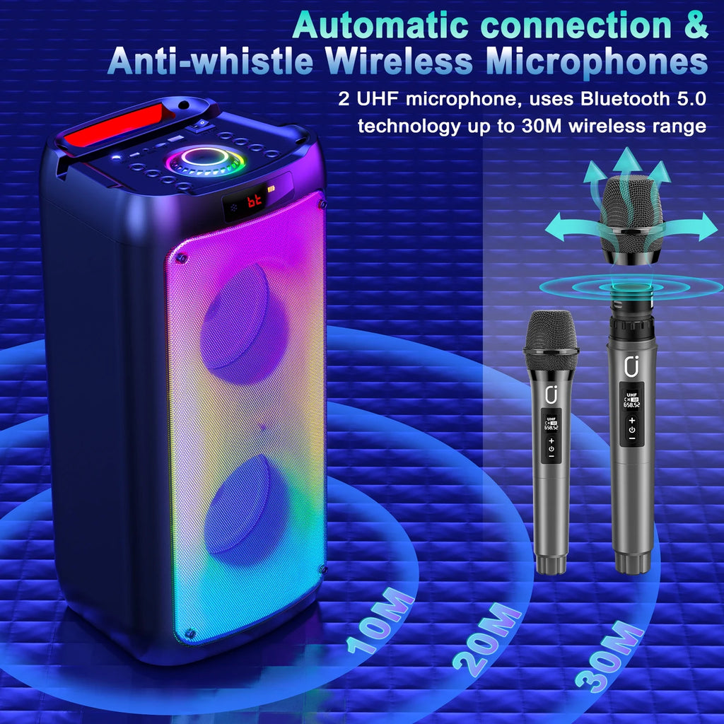Bluetooth Speaker, Portable Party Speaker with 2 Microphones, DJ Lights for Outdoor and Home